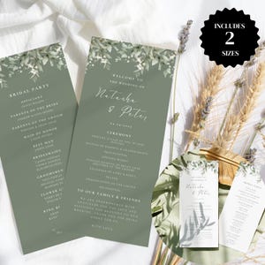 May include: Sage green wedding programs in two sizes, adorned with botanical illustrations. The programs list the bridal party, ceremony details, and a thank you message. The text includes the names of the bride and groom, Natasha & Peter.