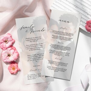 May include: A wedding invitation with a white background and a photo of the couple in the background. The text reads "family & friends" and "Thank you so much for celebrating our special day with us".