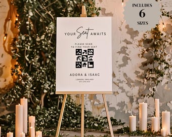 Digitale stoelentabel QR-code, bordje stoel wacht op je, minimalistische tafelindeling, moderne digitale plattegrond - IZZY
