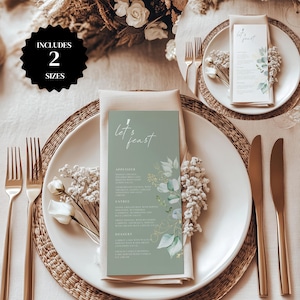 Sage Green Wedding Menu Floral, Customized Wedding Menu, Green and Gold, Wedding Table Menu- LYN