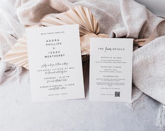 May include: Two white wedding invitation cards with black text, featuring names, dates, and event details. The cards are set against a neutral background with dried palm leaves and a textured fabric.