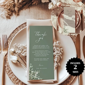 Danke Tischkarte Canva, Salbei grün, personalisierte Danke-Karte von Paar, grüne Hochzeit, Instant Download, 4x9-LN03