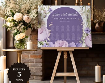 Wedding Seating Chart By Alphabet, Your Seat Awaits Signage, Purple Seating Plan, Modern Wedding Sign, Editable Template-LAVI