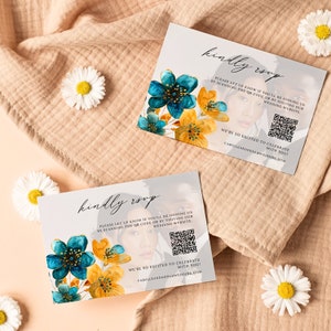 May include: A wedding invitation with a teal and yellow floral design. The invitation includes a QR code and the text "kindly RSVP" and "We're so excited to celebrate with you!"  Camilleandgenswedding.com