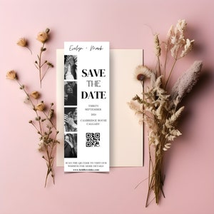 Salvar a tira de fotos de data, Tira de fotos Salvar a data, Cartão de data de casamento com cabine fotográfica, Tira de fotos Salvar o código QR da data,