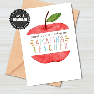Bedankt dat je een geweldige leraar bent, Teacher Appreciation Week, cadeau beste leraar, appel, afdrukbare downloadbare pdf png jpg, kaart 5 x 7