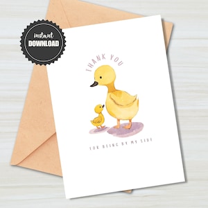 Druckbare Dankeskarte, Muttertag, Vatertag, Geburtstag, niedliches minimales Aquarell Ente und Enten-Design, herunterladbare PDF, 13x18 Karte