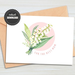 Cartão feliz imprimível do dia das mães | Design minimalista de buquê floral branco | PDF para download | Cartão 5x7 | Duas opções de impressão
