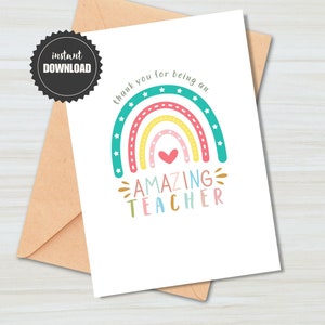 Bedankt dat je een geweldige leraar bent, Teacher Appreciation Week, cadeau beste leraar, regenboog, afdrukbare downloadbare pdf png jpg, kaart 5 x 7