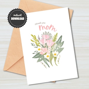 Carte imprimable Happy Mother's Day | Conception minimaliste de bouquet floral pastel | PDF téléchargeable | Carte 5 x 7