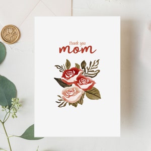 Danke Mama, druckbare Muttertagskarte, Familientag, Geburtstag, Aquarellrosen, Blumenkunst, herunterladbare PDF PNG JPG, 5x7 Karte