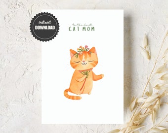 Cute Printable Cat Mom Card, Happy Mother&#39;s Day Card, Happy Birthday, Watercolor Ginger Cat Art, Downloadable PDF, 5x7 Card