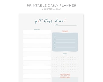 May include: Printable daily planner with the text "get stuff done!" at the top. The planner has sections for schedule, to-do, notes, and goals for tomorrow.