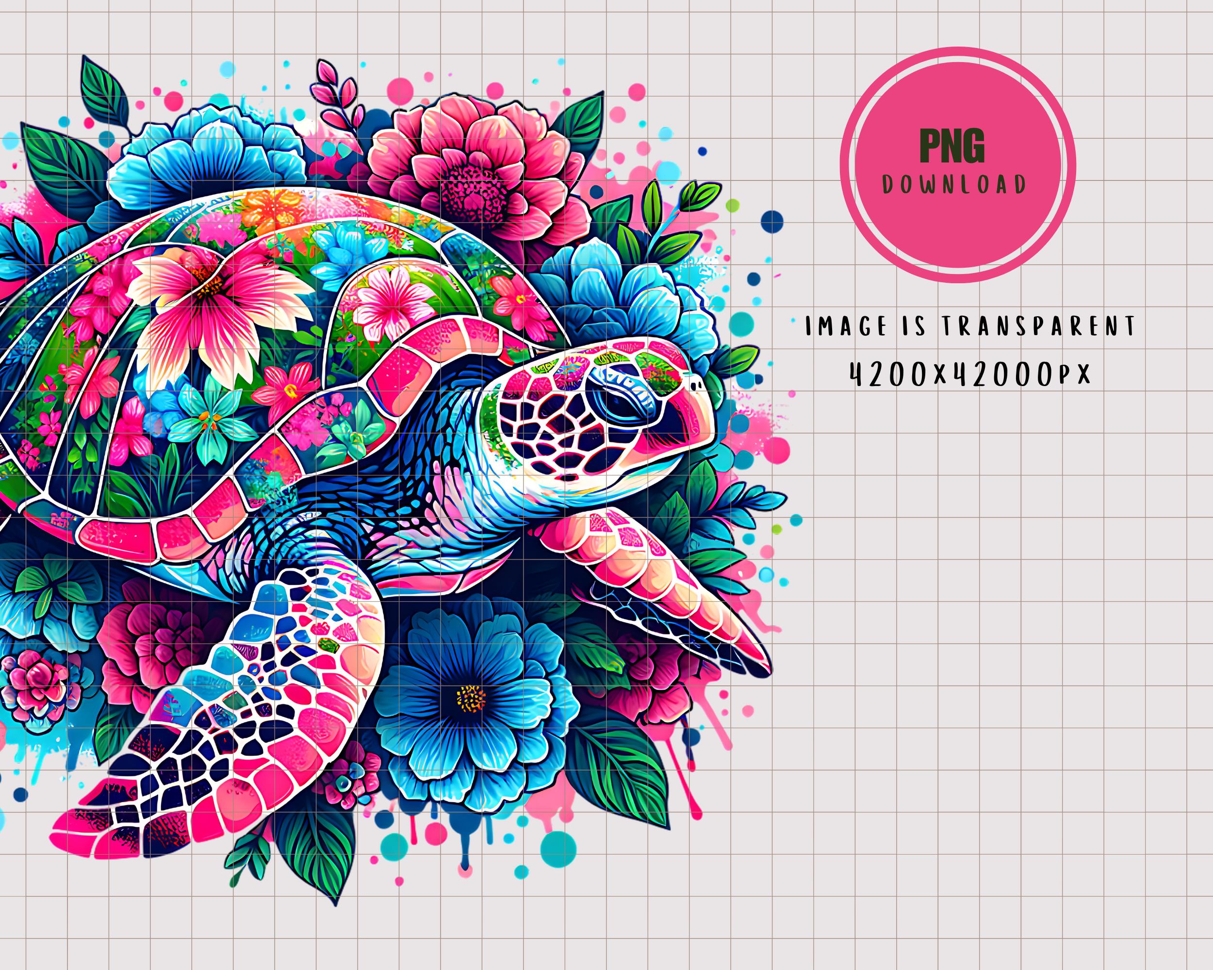 Pink and Blue Floral Turtle, Watercolor Sea Turtle Png, Floral Turtle ...