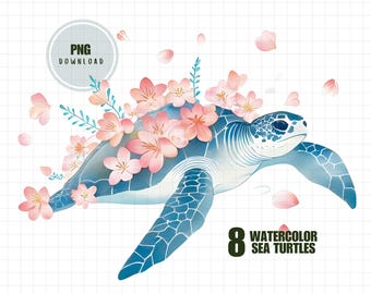 Watercolor Sea Turtle Png, Floral Turtle Png, Ocean Animal Png, Summer Turtle Stickers, Cute Beach Png, Watercolor Turtle Marine Life