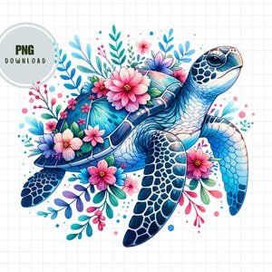 Meeresschildkröte Png, Blumenschildkröte Png, Ozean Tier Png, Sommer Schildkröte Png, niedlicher Strand Png, Aquarell Schildkröte Meeresleben Nautische Sublimation