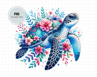 Sea Turtle Png, Floral Turtle Png, Ocean Animal Png, Summer Turtle Png, Cute Beach Png, Watercolor Turtle Marine Life Nautical Sublimation