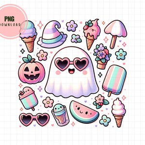 May include: A selection of pastel illustrations including a ghost with heart-shaped sunglasses, ice cream cones, a witch's hat, a pumpkin, flowers, and a watermelon slice. The design has a cute, whimsical aesthetic, suitable for digital art or stickers.