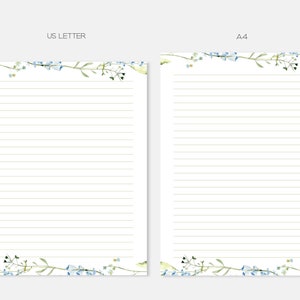 May include: Two lined paper templates with a floral border. The border features blue flowers and green leaves. The top of each template says "US Letter" and "A4".