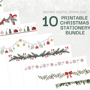 May include: A collection of ten printable Christmas stationery designs. The designs include festive borders with red bows, holly, ornaments, stars, and snowflakes. The text reads "Instant Digital Download" and "Printable Christmas Stationery Bundle."