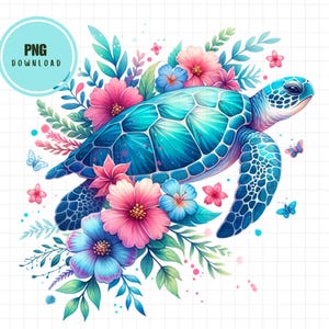 May include: A colourful illustration of a sea turtle in blue and turquoise, encircled by pink, blue, and purple flowers, green leaves, and butterflies. The image includes the text "PNG DOWNLOAD" in a light blue circle.