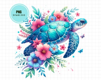 Watercolor Sea Turtle Png, Floral Turtle Png, Ocean Animal Png, Summer Turtle Png, Cute Beach Png, Turtle Marine Life Sublimation