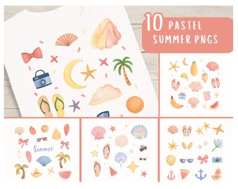 Imágenes PNG vintage de verano pastel, imágenes prediseñadas costeras de acuarela, imágenes prediseñadas abstractas, imágenes prediseñadas estéticas lindas, paquete de imágenes PNG de playa de acuarela