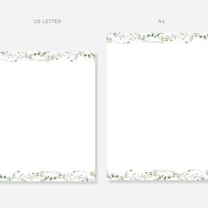 May include: Two white US Letter and A4 size stationery sheets. Each sheet has a delicate watercolor floral border in green and yellow. The text "US LETTER" and "A4" are at the top of the sheets.