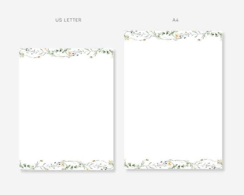 May include: Two white US Letter and A4 size stationery sheets. Each sheet has a delicate watercolor floral border in green and yellow. The text "US LETTER" and "A4" are at the top of the sheets.