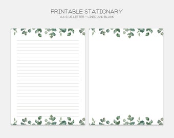 Printable Letter Paper, Rustic Watercolor Eucalyptus Leaves Writing Paper, Lined and Blank Letter Set, Printable Stationary, A4, US Letter