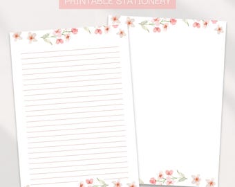 Printable Floral Stationery, Watercolor Blossom Writing Paper, Cherry Blossom Lined and Blank Letter Set, Printable Stationery, A4 US Letter
