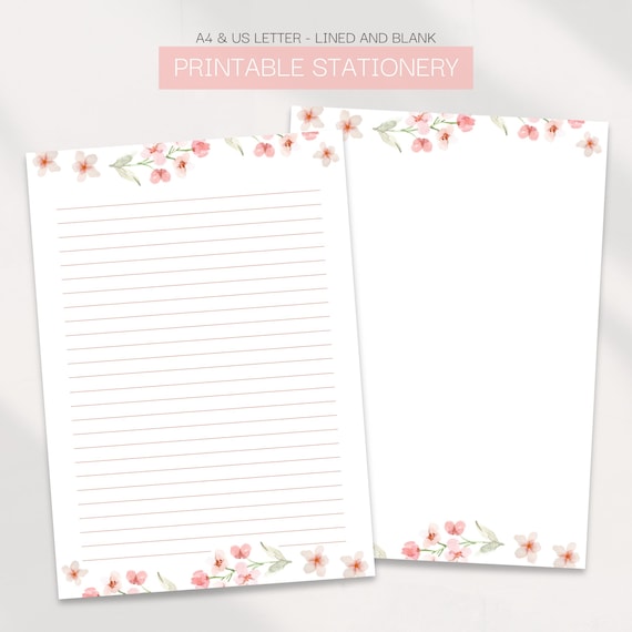 Printable Floral Stationery, Watercolor Blossom Writing Paper, Cherry Blossom Lined and Blank Letter Set, Printable Stationery, A4 US Letter