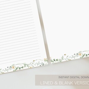 May include: Two white paper sheets, one lined and one blank, with a floral border of green leaves and yellow flowers. The text "INSTANT DIGITAL DOWNLOAD" and "LINED & BLANK VERSIONS" are visible.