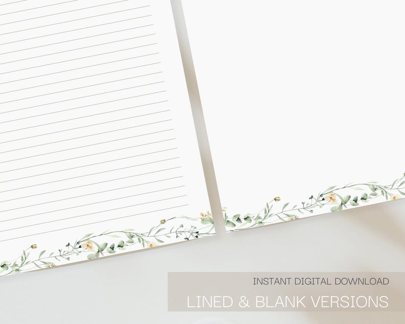 May include: Two white paper sheets, one lined and one blank, with a floral border of green leaves and yellow flowers. The text "INSTANT DIGITAL DOWNLOAD" and "LINED & BLANK VERSIONS" are visible.