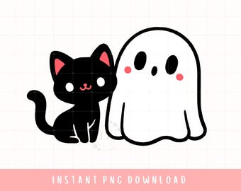 Cute Cat Ghost Png, Cat and Ghost Friends, Halloween Png, Fall Png, Cute Ghost Cat Clipart Shirt Design, Fall Halloween Shirt Png