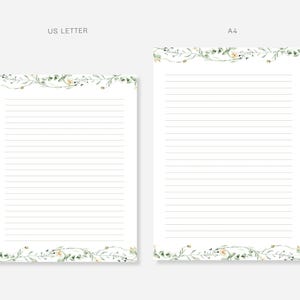 May include: Two white lined stationery sheets, one US Letter size and one A4 size, are displayed. Both sheets feature a delicate floral border with green leaves and yellow flowers at the top and bottom. The text "US LETTER" and "A4" are visible.