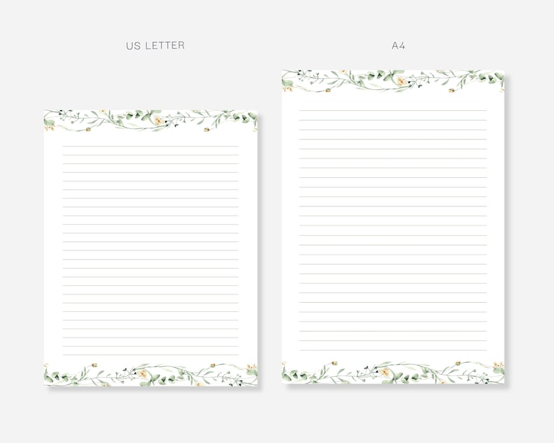 May include: Two white lined stationery sheets, one US Letter size and one A4 size, are displayed. Both sheets feature a delicate floral border with green leaves and yellow flowers at the top and bottom. The text "US LETTER" and "A4" are visible.