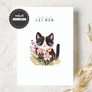 Jolie carte imprimable de maman chat, carte de joyeuse fête des mères, carte de joyeux anniversaire, art aquarelle de chat smoking, PDF téléchargeable, carte 5 x 7