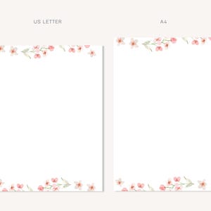 May include: Two sheets of white stationery with watercolor floral designs. The top and bottom borders of each sheet are adorned with delicate pink blossoms and green leaves. The text "US LETTER" and "A4" are visible.