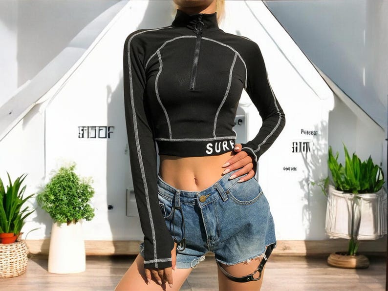 Zip-Up Long Sleeve Crop Top main image 1