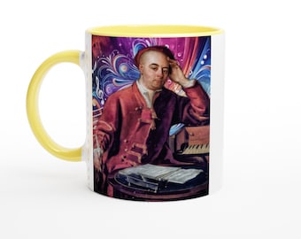 Taza de cerámica blanca de 11 oz con cita de Handel y color en el interior