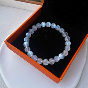 Natural Moonstone Crystal Bracelet: Blue Light Gemstone, 8mm Beads, (25-095)