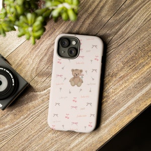 Pink iPhone 15 case, teddy bear and ribbon design image 6
