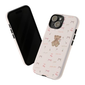Pink iPhone 15 case, teddy bear and ribbon design image 5