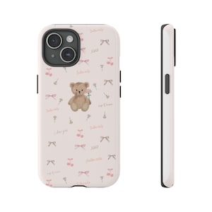 Pink iPhone 15 case, teddy bear and ribbon design image 1