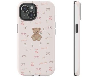 Pink iphone 15 case, teddy bear and ribbon design