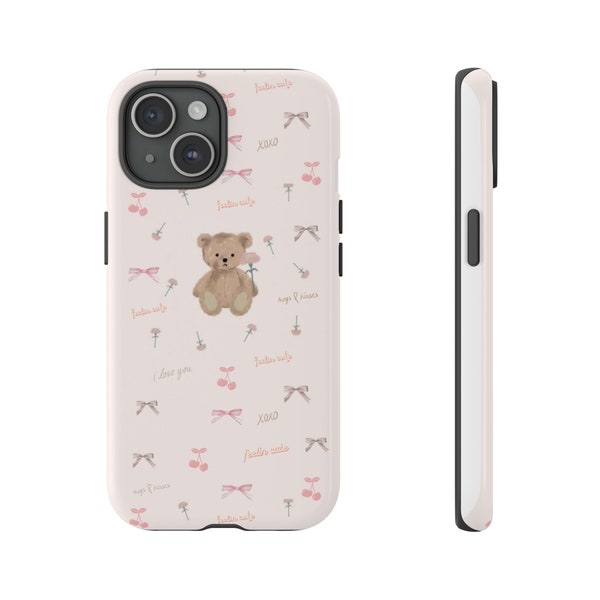 Pink iphone 15 case, teddy bear and ribbon design