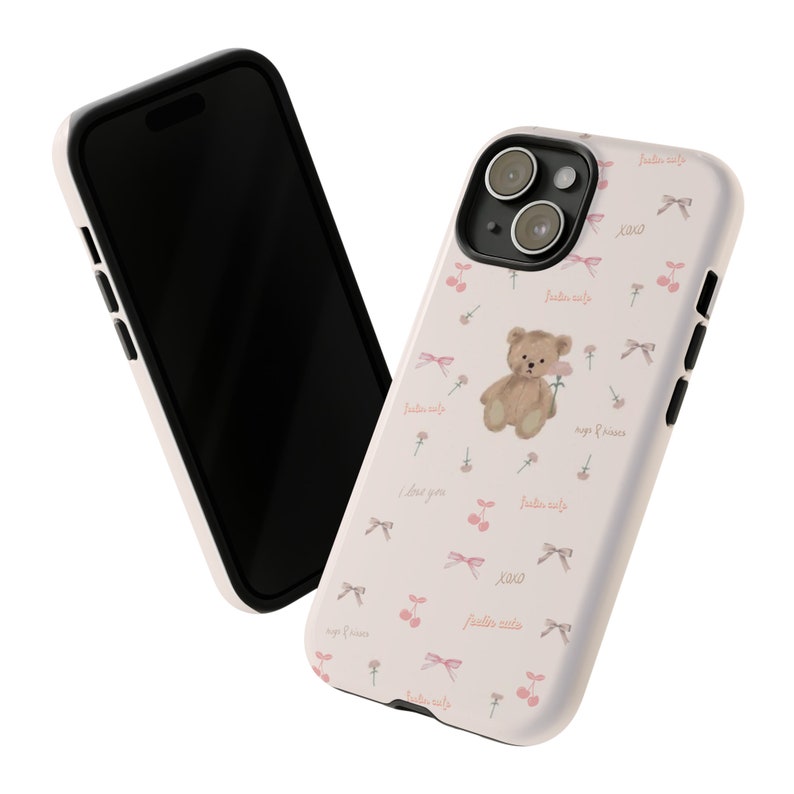 Pink iPhone 15 case, teddy bear and ribbon design image 3