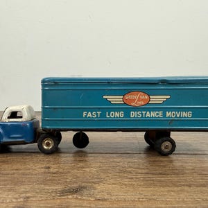 May include: A vintage blue and white metal toy semi-truck with a trailer. The trailer features an orange oval logo with the text SPEEDY VAN LINES and the words FAST LONG DISTANCE MOVING in white lettering. The truck has a white cab and blue body.