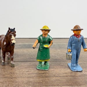 Vintage Lead Farm Figures – Farmer, Wife & Horse – Farm Series Metal Toys – Early Miniatures – Collectible Antique Lead Figurines